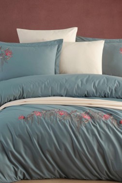 Abelia Embroidered 100% Cotton Duvet Cover Set, Duvet Cover 200x220, Sheet 240x260, Double Size, Full Size Green - Thumbnail