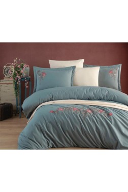 Abelia Embroidered 100% Cotton Duvet Cover Set, Duvet Cover 200x220, Sheet 240x260, Double Size, Full Size Green - Thumbnail