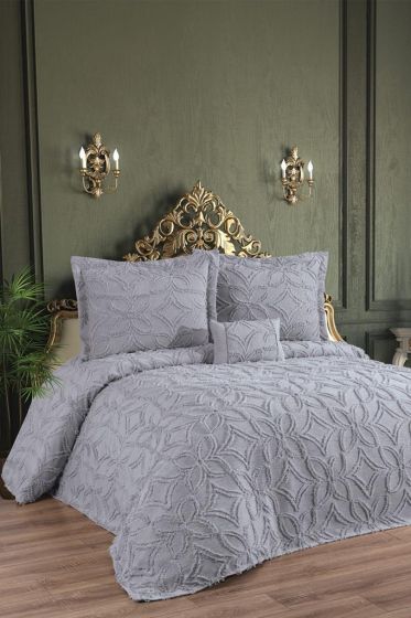 Aslıhan King Size Cotton Bedspread Set, Coverlet 240x250,with Pillowcase, Double Size, Cotton Fabric, Gray