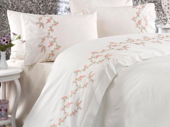 Aylis Embroidered Duvet Cover Set Cream-Cream