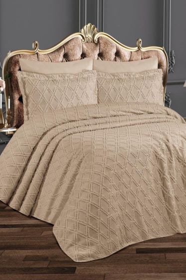 Azra King Bedspread Set 3pcs, Coverlet 240x260, Pillowcase 50x70, Double Size, King Size Beige