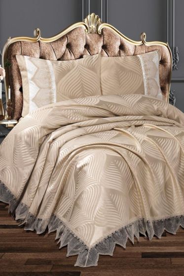 Bade Bedding Set, Bedspread 230x240, Sheet 230x240, Chenille Fabric, Full Size, Full Bed, Cappucino