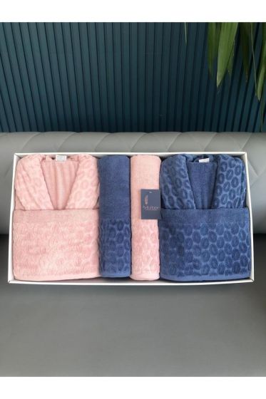 Badem 6 Piece Family Sauna and Bath Set, Bathrobe, Bath Towel 90x150, Hair Towel 50x90, Pink Indigo