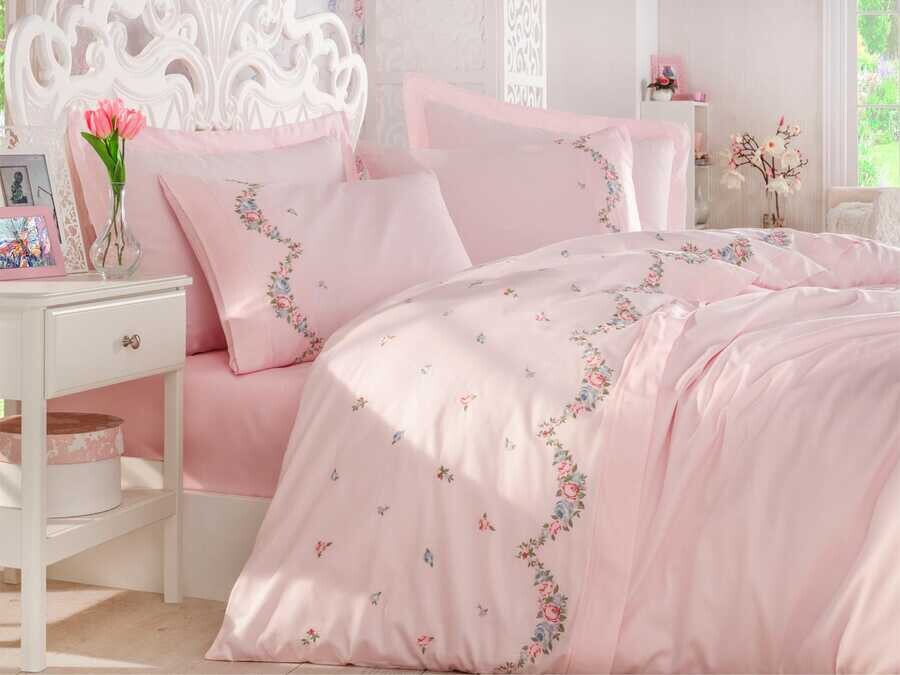  Dantela Lara Embroidered Cotton Satin Duvet Cover Set Powder - Thumbnail