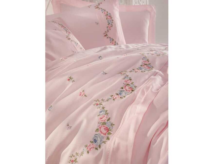  Dantela Lara Embroidered Cotton Satin Duvet Cover Set Powder - Thumbnail