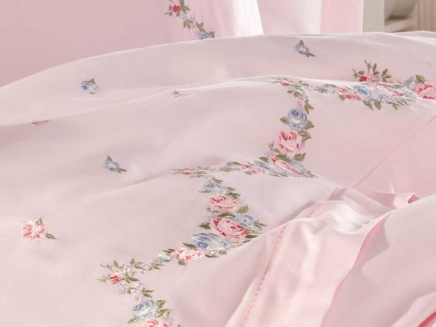  Dantela Lara Embroidered Cotton Satin Duvet Cover Set Powder - Thumbnail