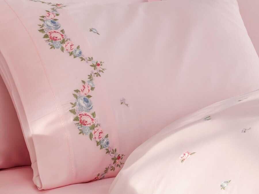  Dantela Lara Embroidered Cotton Satin Duvet Cover Set Powder - Thumbnail