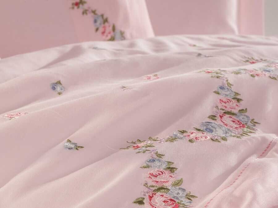  Dantela Lara Embroidered Cotton Satin Duvet Cover Set Powder - Thumbnail