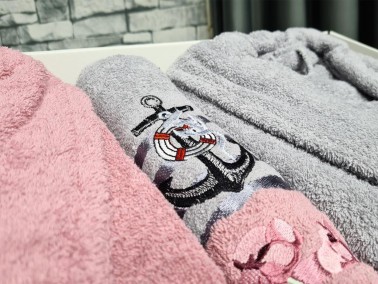 Family Embroidered Bathrobe Set 4 pcs, Bathrobe M-L, Towels 90x50 cm Cotton Dry Rose Gray - Thumbnail