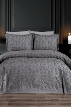 Flora King Size Chenille Bedspread Set, Coverlet 240x260,with Pillowcase, Double Size, Chenille Fabric, Antrachite - Thumbnail