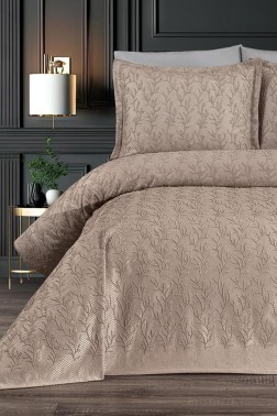 Flora King Size Chenille Bedspread Set, Coverlet 240x260,with Pillowcase, Double Size, Chenille Fabric, Cappucino - Thumbnail