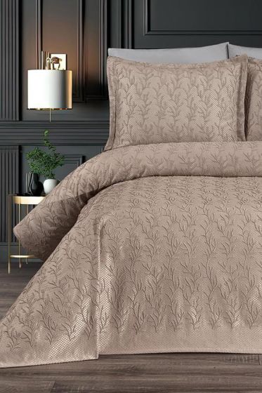 Flora King Size Chenille Bedspread Set, Coverlet 240x260,with Pillowcase, Double Size, Chenille Fabric, Cappucino