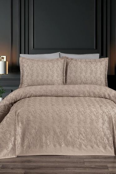 Flora King Size Chenille Bedspread Set, Coverlet 240x260,with Pillowcase, Double Size, Chenille Fabric, Cappucino