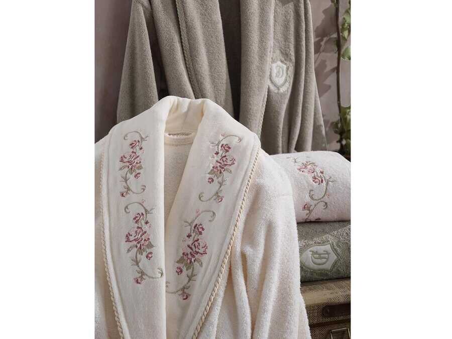  Gardenya Luxury Embroidered Cotton Bathrobe Set Cream Beige - Thumbnail