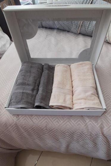 Hande %100 Cotton Bath Set 4 pcs, Bath Towel 70x140, Hand and Face Towel 50x90, Cotton Fabric Antrachite - Beige