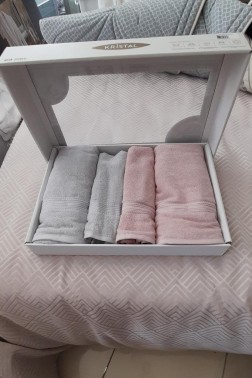 Hande %100 Cotton Bath Set 4 pcs, Bath Towel 70x140, Hand and Face Towel 50x90, Cotton Fabric Dry Rose - Gray - Thumbnail