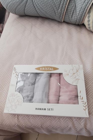 Hande %100 Cotton Bath Set 4 pcs, Bath Towel 70x140, Hand and Face Towel 50x90, Cotton Fabric Dry Rose - Gray