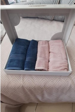 Hande %100 Cotton Bath Set 4 pcs, Bath Towel 70x140, Hand and Face Towel 50x90, Cotton Fabric Dry Rose - Indigo - Thumbnail