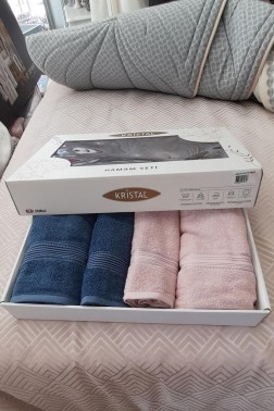 Hande %100 Cotton Bath Set 4 pcs, Bath Towel 70x140, Hand and Face Towel 50x90, Cotton Fabric Dry Rose - Indigo - Thumbnail