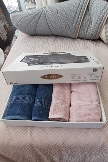 Hande %100 Cotton Bath Set 4 pcs, Bath Towel 70x140, Hand and Face Towel 50x90, Cotton Fabric Dry Rose - Indigo