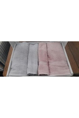 Hande %100 Cotton Bath Set 4 pcs, Bath Towel 70x140, Hand and Face Towel 50x90, Cotton Fabric Pink - Gray - Thumbnail