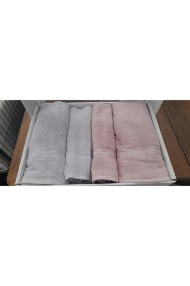 Hande %100 Cotton Bath Set 4 pcs, Bath Towel 70x140, Hand and Face Towel 50x90, Cotton Fabric Pink - Gray