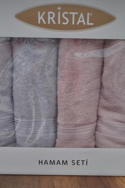 Hande %100 Cotton Bath Set 4 pcs, Bath Towel 70x140, Hand and Face Towel 50x90, Cotton Fabric Pink - Gray - Thumbnail