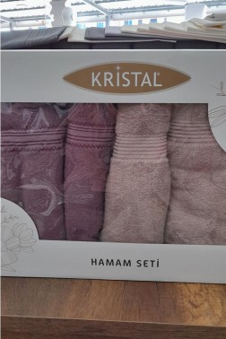 Hande %100 Cotton Bath Set 4 pcs, Bath Towel 70x140, Hand and Face Towel 50x90, Cotton Fabric Plum - Beige - Thumbnail