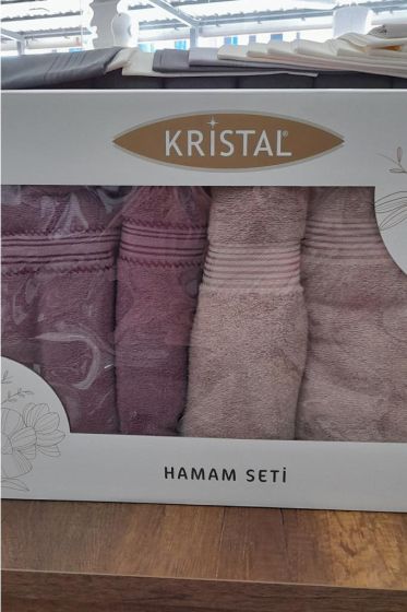 Hande %100 Cotton Bath Set 4 pcs, Bath Towel 70x140, Hand and Face Towel 50x90, Cotton Fabric Plum - Beige