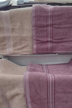 Hande %100 Cotton Bath Set 4 pcs, Bath Towel 70x140, Hand and Face Towel 50x90, Cotton Fabric Plum - Beige - Thumbnail