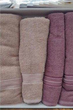 Hande %100 Cotton Bath Set 4 pcs, Bath Towel 70x140, Hand and Face Towel 50x90, Cotton Fabric Plum - Beige - Thumbnail