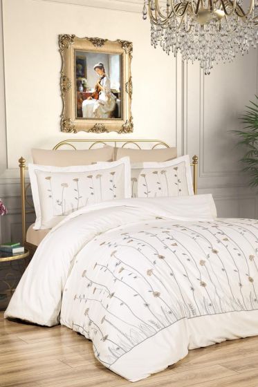 İpek Embroidered Full Size Duvet Cover Set, Duvet Cover 200x220, Sheet 240x260, Cream - Cappucino