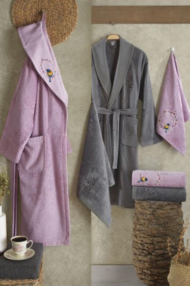 Jarina Embroidered 6 Pcs Bamboo Bathrobe Set, Bathrobe, Hair Towel 50x90, Bath Towel 70x140 Plum - Antrachite