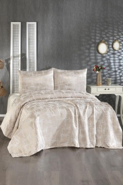 Latife Double Size Bedspread Set, Coverlet 230x240 with Pillowcase, Chenille Fabric, for Full Bed, Cappucino - Thumbnail