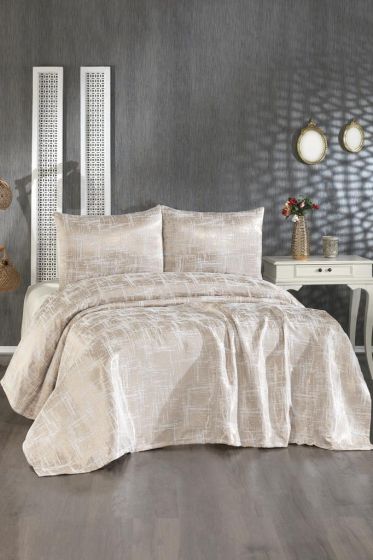 Latife Double Size Bedspread Set, Coverlet 230x240 with Pillowcase, Chenille Fabric, for Full Bed, Cappucino