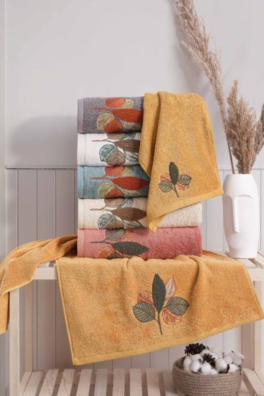 Leaf Embroidered 6 pcs in Set Bamboo Hand and Face Towel 50x90 Cm