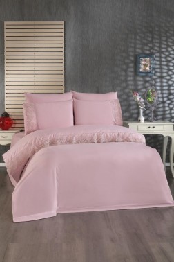 Leyla Duvet Cover Set 6pcs, Duvet Cover 200x220, Bedsheet 240x260 Cotton Fabric, Full Size, Double Size Pink - Thumbnail