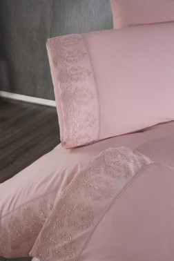 Leyla Duvet Cover Set 6pcs, Duvet Cover 200x220, Bedsheet 240x260 Cotton Fabric, Full Size, Double Size Pink - Thumbnail