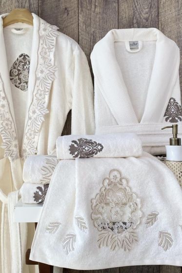 Lunetta 6 Pcs Bamboo Bathrobe Set with Lace, Bathrobe, Hair Towel 50x90, Bath Towel 70x140 Cream White