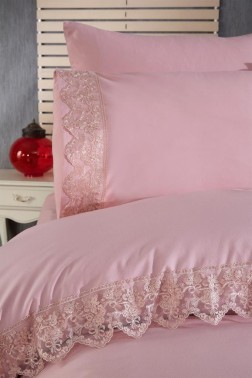 Meric Duvet Cover Set 6pcs, Duvet Cover 200x220, Bedsheet 240x260 Cotton Fabric, Full Size, Double Size Pink - Thumbnail