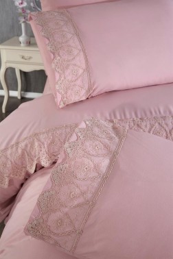 Nadire Duvet Cover Set 6pcs, Duvet Cover 200x220, Bedsheet 240x260 Cotton Fabric, Full Size, Double Size Pink - Thumbnail