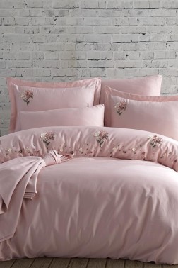 Narissa Embroidered 100% Cotton Sateen, Duvet Cover Set, Duvet Cover 200x220, Sheet 240x260, Double Size, Full Size Pink - Thumbnail