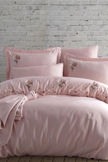 Narissa Embroidered 100% Cotton Sateen, Duvet Cover Set, Duvet Cover 200x220, Sheet 240x260, Double Size, Full Size Pink