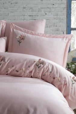 Narissa Embroidered 100% Cotton Sateen, Duvet Cover Set, Duvet Cover 200x220, Sheet 240x260, Double Size, Full Size Pink - Thumbnail