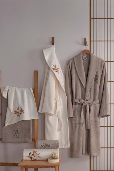 Nova Embroidered 6 Pcs Bamboo Bathrobe Set, Bathrobe, Hair Towel 50x90, Bath Towel 70x140 Cream Mink