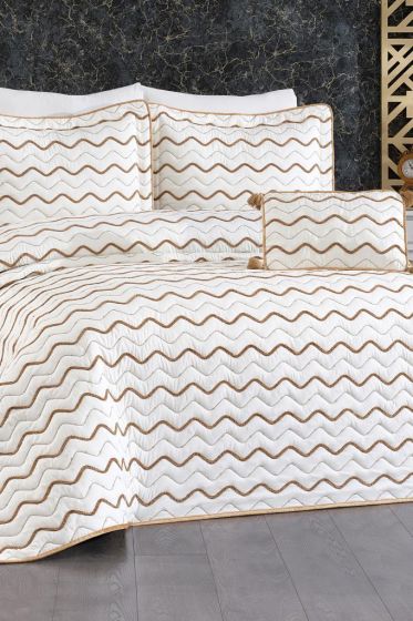 Ocean King Size Quilted Bedspread 250x260 with Pillowcase, Full Bed, Cotton Fabric, Double Size Cream Gold