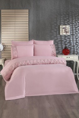 Öykü Duvet Cover Set 6pcs, Duvet Cover 200x220, Bedsheet 240x260 Cotton Fabric, Full Size, Double Size Pink - Thumbnail