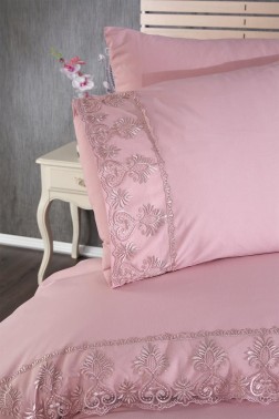 Öykü Duvet Cover Set 6pcs, Duvet Cover 200x220, Bedsheet 240x260 Cotton Fabric, Full Size, Double Size Pink - Thumbnail