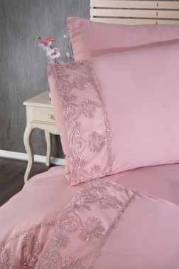 Öykü Duvet Cover Set 6pcs, Duvet Cover 200x220, Bedsheet 240x260 Cotton Fabric, Full Size, Double Size Pink - Thumbnail