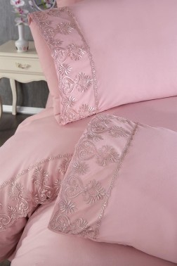 Öykü Duvet Cover Set 6pcs, Duvet Cover 200x220, Bedsheet 240x260 Cotton Fabric, Full Size, Double Size Pink - Thumbnail